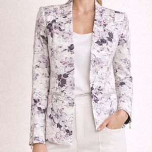 Rebecca Taylor Floral Print Ponte Blazer Leather Trim Size 12